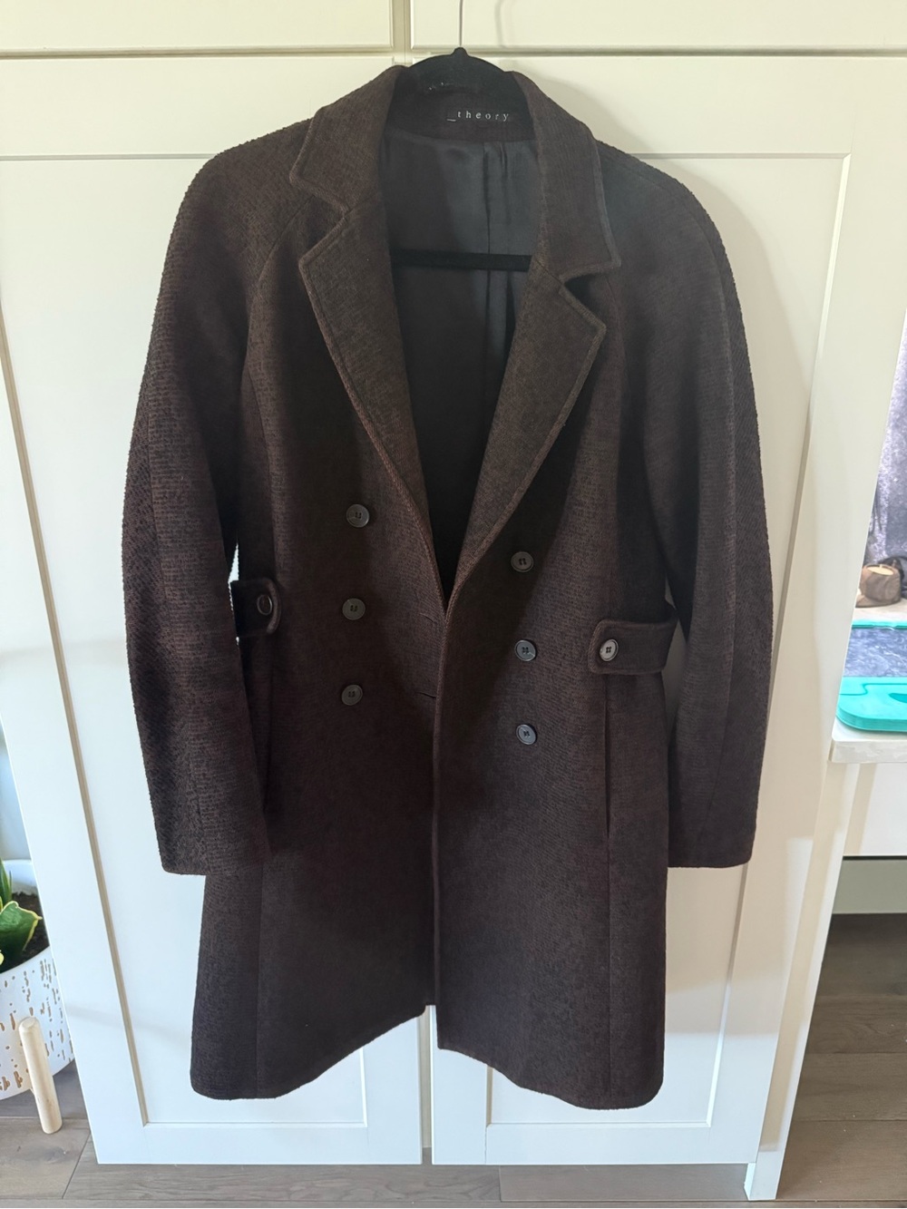 Theory Women’s Double-Breasted Pea Coat  Brown black textured medium wool